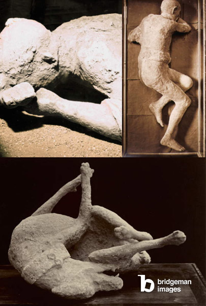 Montaggio di immagini dell'antica Pompei e foto delle vittime dell'eruzione del Vesuvio del 79 d.C..