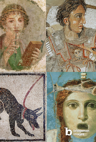 Montaggio di immagini di Pompei e foto di mosaici e affreschi ritrovati nell'antica Pompei.