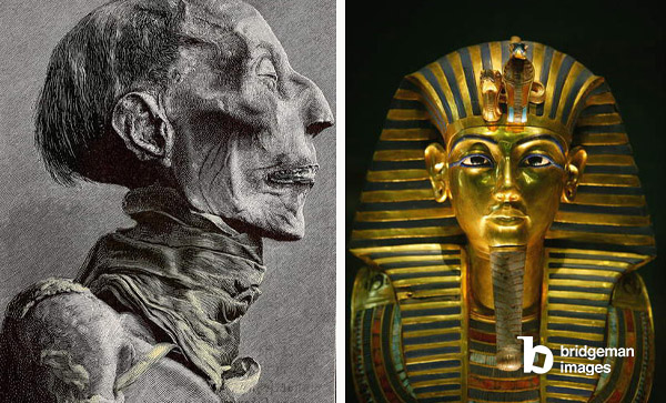 Litografia della fotografia Testa della mummia di Ramesse II e Fotografia della maschera funebre di Toutankhamon