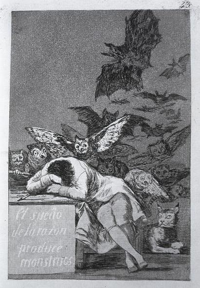 The sleep of reason produces monsters, plate 43 of 'Los caprichos', 1799 (etching and aquatint), Francisco Jose de Goya y Lucientes (1746-1828) / Private Collection