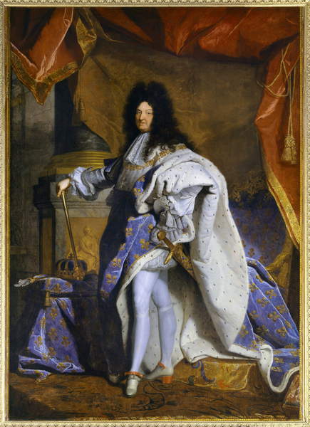 Ritratto di Luigi XIV all'età di 63 anni in grande costume reale Pittura della bottega di Hyacinthe Rigaud / Château de Versailles, Francia © Photo Josse / Bridgeman Images 