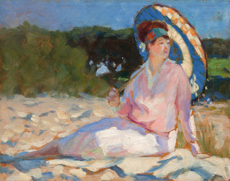 Woman with a Chinese parasol sitting on the beach, 1925 (oil on panel), Edmond-Edouard  Lapeyre (1880-1960) / Private Collection / © Chester Collections / Jean Genoud SA, Le Mont-sur-Lausanne