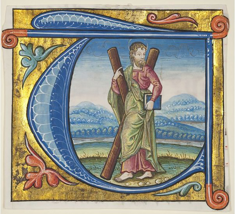 Historiated initial 'T' depicting St Andrew, excised from a missal / The University of St. Andrews, Scotland, UK / Bridgeman Images