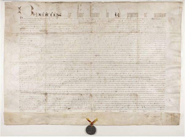 Papal Bull confirming charter of Bishop Henry Wardlaw, recto, 1413 (ink on vellum with metal pendant) / The University of St. Andrews, Scotland, UK / Bridgeman Images