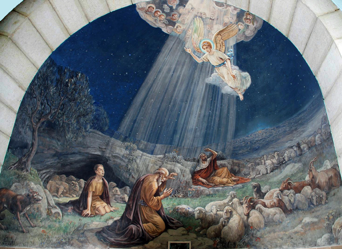 Angel of the Lord Visiting the Shepherds, Sanctuary of the Shepherd's Chapel, Bethlehem (fresco) by Umberto Noni, (fl.1830-40) / Private Collection / Photo © Zev Radovan / The Bridgeman Art Library