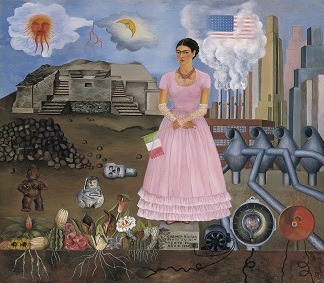 Self-Portrait on the Borderline between Mexico and the United States, 1932 (oil on metal), Frida Kahlo (1910-54) <br> © DACS / Photo © Christie's Images / Bridgeman