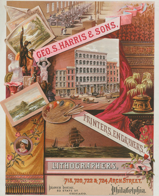 Advertisement for 'Geo. S. Harris & Sons, printers, engravers, lithographers, c. 1885 (chromolitho)/ Library Company of Philadelphia