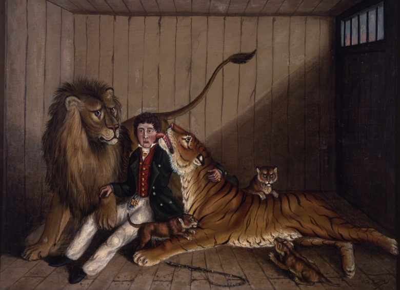In the Lion's Den, c.1870 (oil on canvas) by W. H. Rogers (fl.1870)
