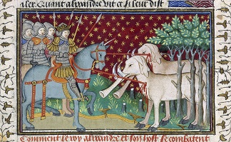 Knights attacking elephants, from the 'Shrewsbury Talbot Book of Romances', c.1445 (vellum), French School, (15th century)