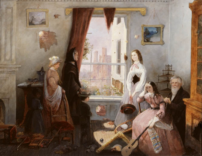 HIP372117 Fredericksburg family in a war torn house by American School, 19th century/ Gettysburg National Military Park Museum, Pennsylvania, USA