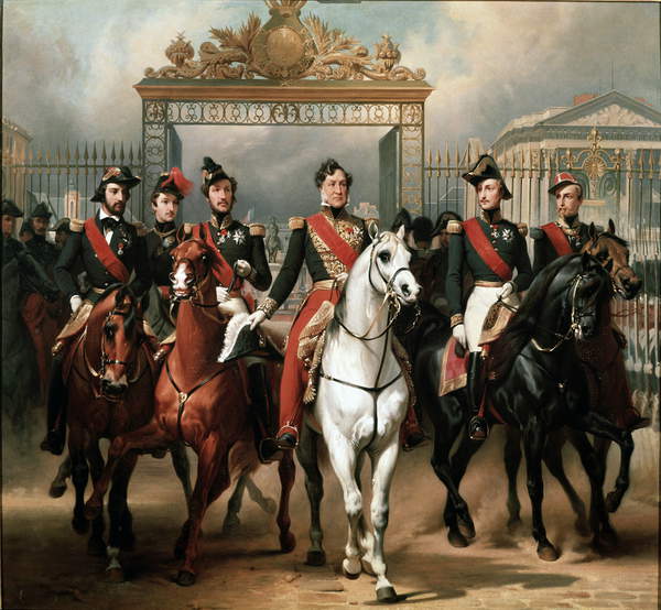 Re Luigi Filippo circondato dai suoi cinque figli che escono dal cancello principale della Reggia di Versailles, 10 giugno 1837, Horace Vernet, (1789-1863) / Reggia di Versailles, Francia / Luisa Ricciarini / Bridgeman Images